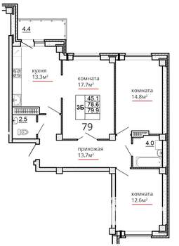 3-к квартира, сданный дом, 80м2, 15/16 этаж