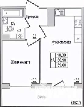 1-к квартира, вторичка, 40м2, 1/10 этаж