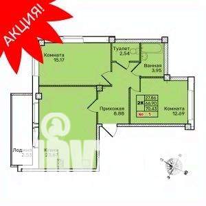 2-к квартира, строящийся дом, 70м2, 2/10 этаж