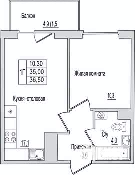 1-к квартира, вторичка, 37м2, 4/10 этаж