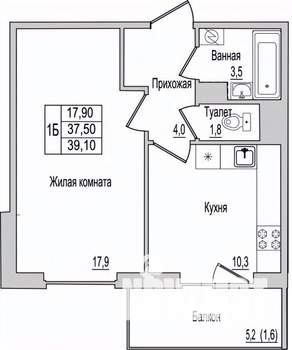1-к квартира, вторичка, 39м2, 1/10 этаж