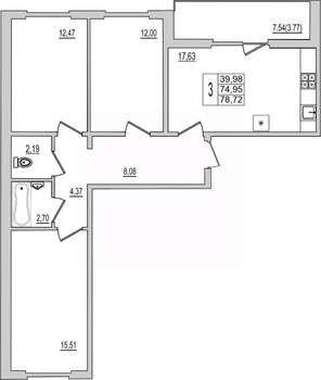 3-к квартира, вторичка, 79м2, 2/10 этаж