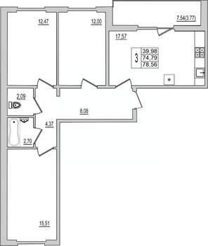 3-к квартира, вторичка, 79м2, 10/10 этаж