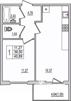 1-к квартира, вторичка, 41м2, 10/10 этаж