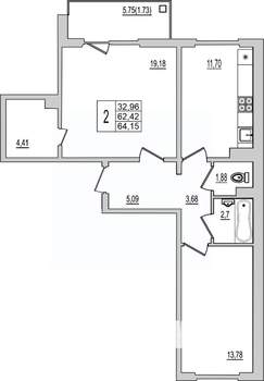 2-к квартира, вторичка, 64м2, 2/10 этаж