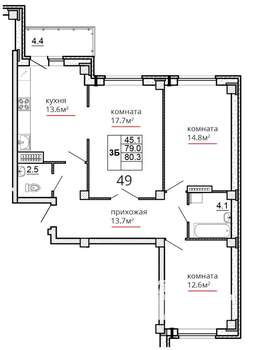 3-к квартира, сданный дом, 80м2, 10/16 этаж