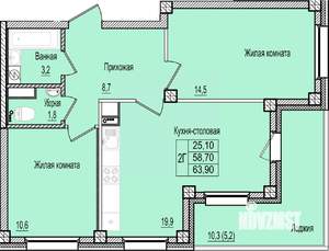 2-к квартира, строящийся дом, 64м2, 6/9 этаж