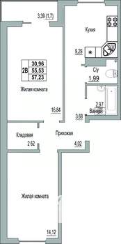 2-к квартира, строящийся дом, 57м2, 3/9 этаж