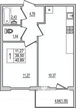 1-к квартира, вторичка, 41м2, 8/10 этаж