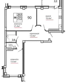 2-к квартира, сданный дом, 71м2, 16/16 этаж