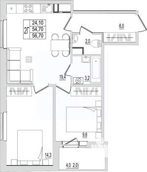 2-к квартира, строящийся дом, 57м2, 2/10 этаж