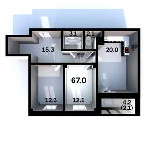 2-к квартира, строящийся дом, 67м2, 6/6 этаж