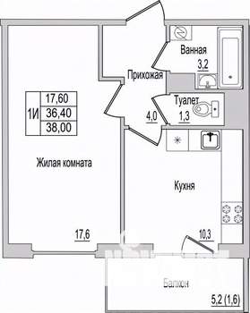 1-к квартира, вторичка, 38м2, 6/10 этаж