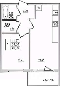 1-к квартира, вторичка, 41м2, 6/10 этаж
