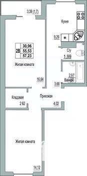 2-к квартира, строящийся дом, 57м2, 8/9 этаж