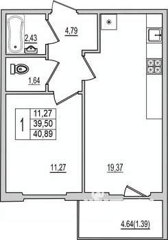 1-к квартира, вторичка, 41м2, 8/10 этаж