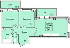 2-к квартира, строящийся дом, 62м2, 1/7 этаж