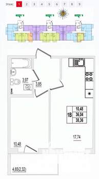 1-к квартира, вторичка, 38м2, 1/9 этаж