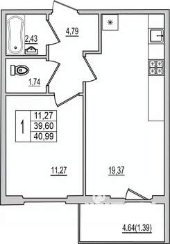 1-к квартира, вторичка, 41м2, 7/10 этаж