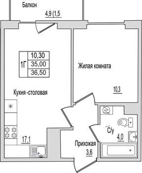 1-к квартира, вторичка, 37м2, 3/10 этаж