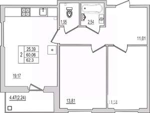 2-к квартира, вторичка, 62м2, 4/10 этаж