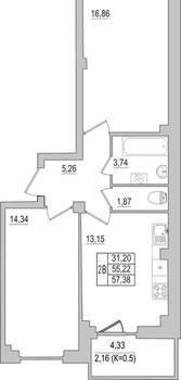2-к квартира, вторичка, 57м2, 2/10 этаж