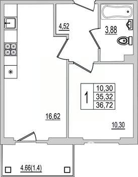 1-к квартира, вторичка, 37м2, 3/10 этаж