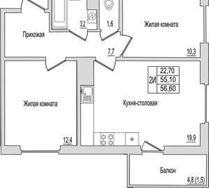 2-к квартира, вторичка, 57м2, 4/10 этаж