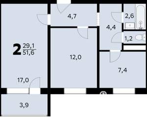 2-к квартира, вторичка, 50м2, 3/9 этаж