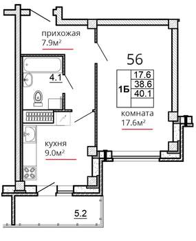 1-к квартира, сданный дом, 40м2, 11/16 этаж