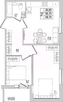 2-к квартира, строящийся дом, 59м2, 7/10 этаж