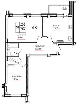 2-к квартира, вторичка, 72м2, 9/16 этаж