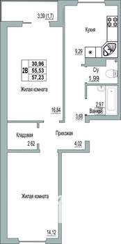 2-к квартира, строящийся дом, 57м2, 5/9 этаж