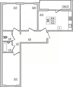 3-к квартира, вторичка, 79м2, 1/10 этаж