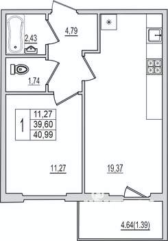 1-к квартира, вторичка, 41м2, 6/10 этаж