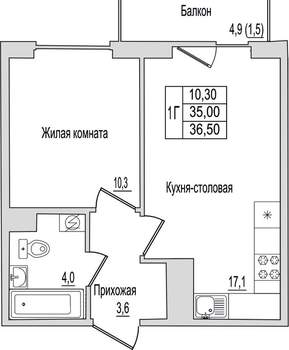 1-к квартира, вторичка, 37м2, 3/10 этаж