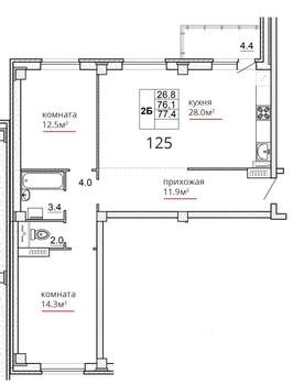2-к квартира, вторичка, 77м2, 8/16 этаж