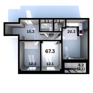 2-к квартира, строящийся дом, 67м2, 2/6 этаж