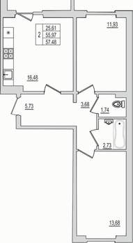 2-к квартира, вторичка, 57м2, 5/10 этаж