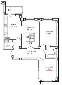 3-к квартира, сданный дом, 80м2, 8/16 этаж