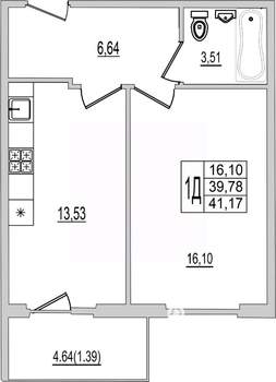 1-к квартира, вторичка, 41м2, 2/10 этаж