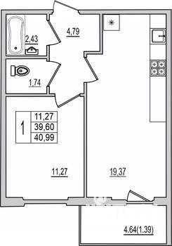 1-к квартира, вторичка, 41м2, 9/10 этаж