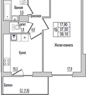 1-к квартира, вторичка, 39м2, 1/10 этаж