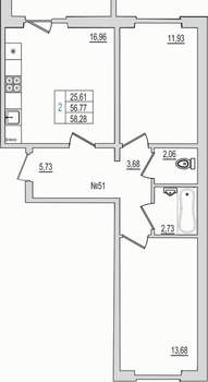 2-к квартира, вторичка, 58м2, 1/10 этаж