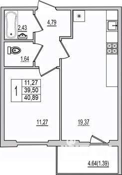 1-к квартира, вторичка, 41м2, 9/10 этаж