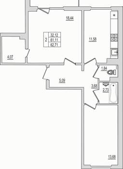 2-к квартира, вторичка, 63м2, 5/10 этаж