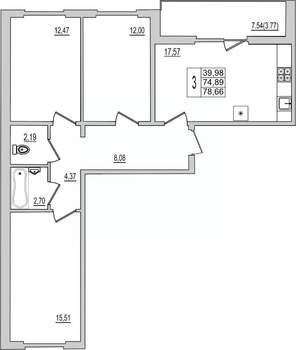 3-к квартира, вторичка, 79м2, 6/10 этаж