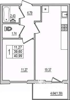 1-к квартира, вторичка, 41м2, 7/10 этаж