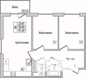 2-к квартира, вторичка, 61м2, 1/10 этаж