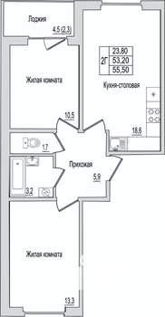 2-к квартира, вторичка, 56м2, 1/10 этаж